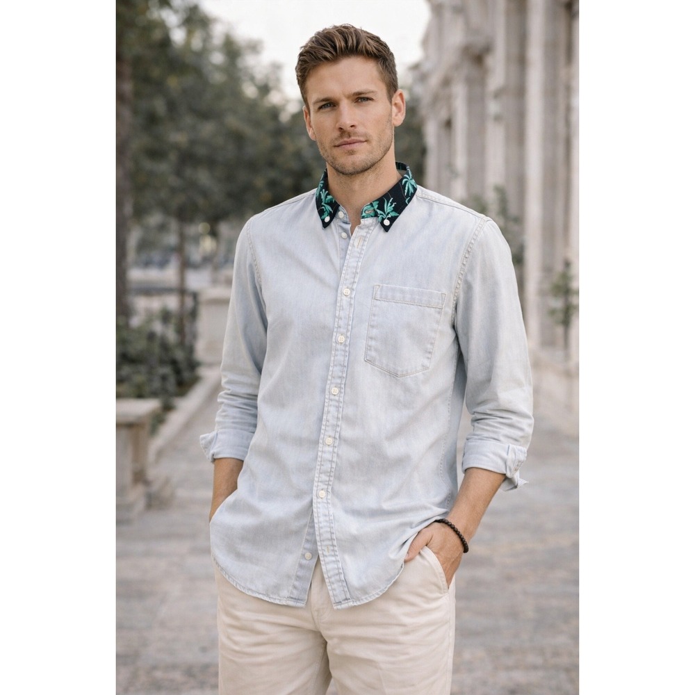 MSGM Mens Light Wash Denim Shirt Palm Contrast Collar Italy Resort 41‎ 16